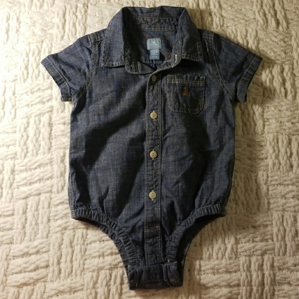 Denim bottom down onesie.